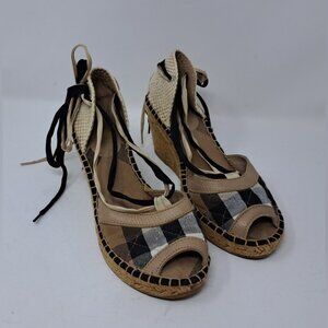 Burberry Espadrilles Wedge Ankle Wrap House Check Shoes Open Toe 37 EU / 7 US